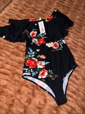 Wishful Park Black Floral Off-Shoulder Top with Red and Pink Blooms
